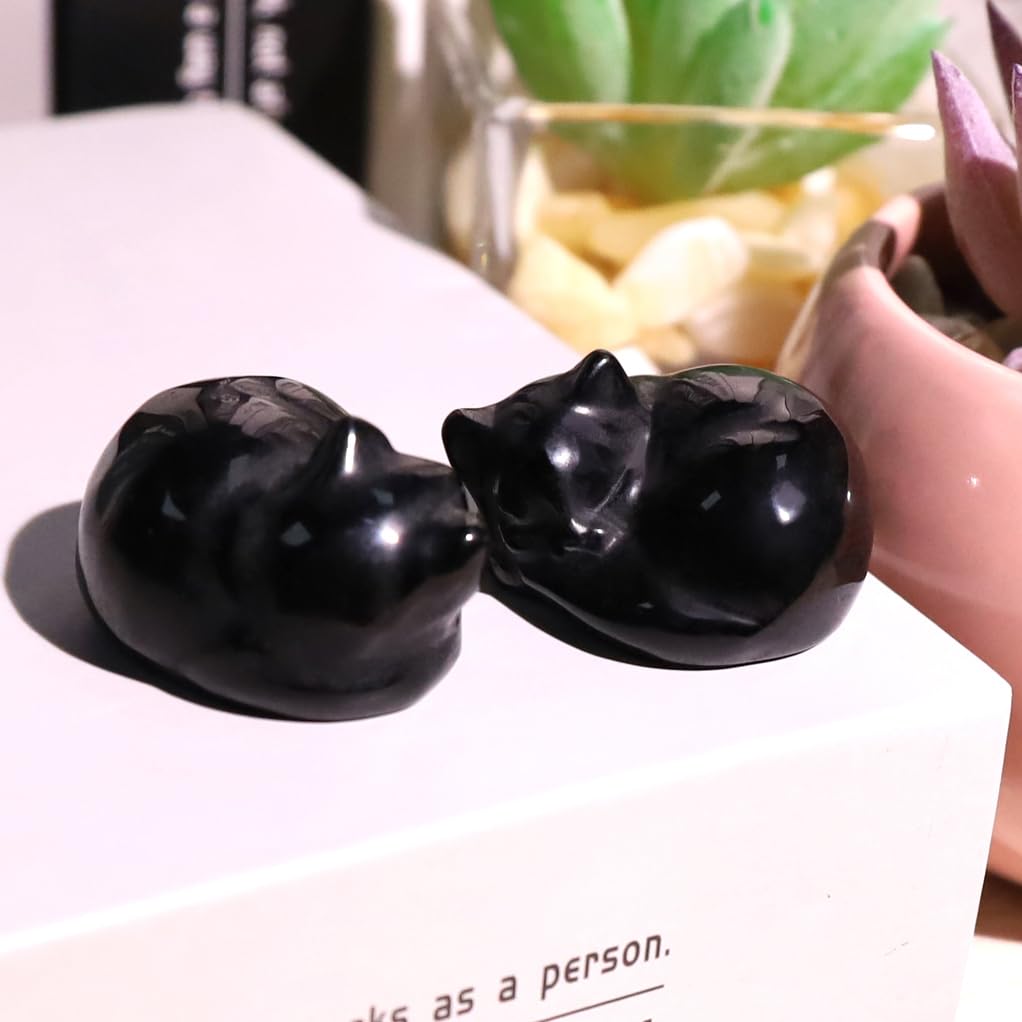 QINJIEJIE Black Obsidian Cat Decor Crystals and Healing Stones Figurine Sleeping Cats Stone Statue Gift Carved Gemstones Sculpture Office Home Desk Kitten Cute Cat Decor for Men Stocking Stuffers