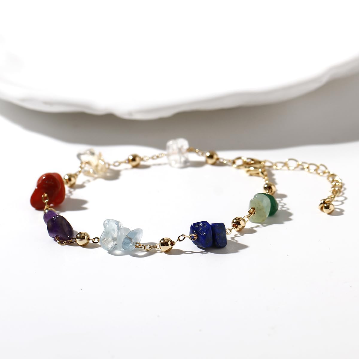 Jewever Chip Tumbled gems Bracelets for Women Copper Plated 14k Gold Chain Healing Crystals and Gemstones Bracelet Birthday Stone Gifts (Chakra)