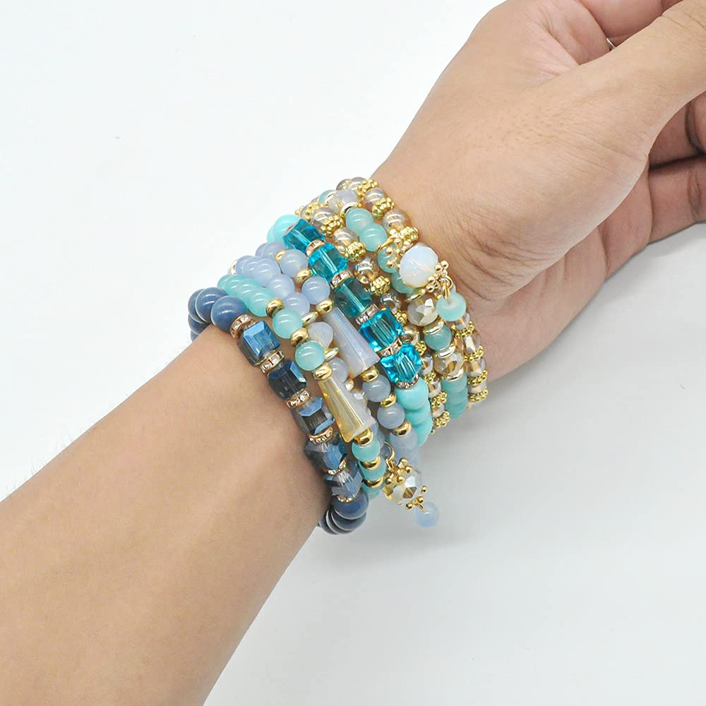 Bohemian Bracelet Sets for Women - 6 Sets Stackable Stretch Bracelets Multi-color Boho Hippie Bracelets Dainty Jewelry (Seed bead bracelet sets)