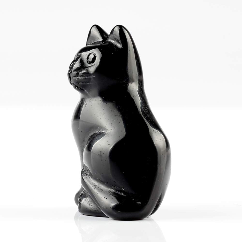 YWG Stone Black Obsidian 2.0inch Cat Large Statue Feng Shui Crafts Carved Figurine Chakra Carving Healing Reiki