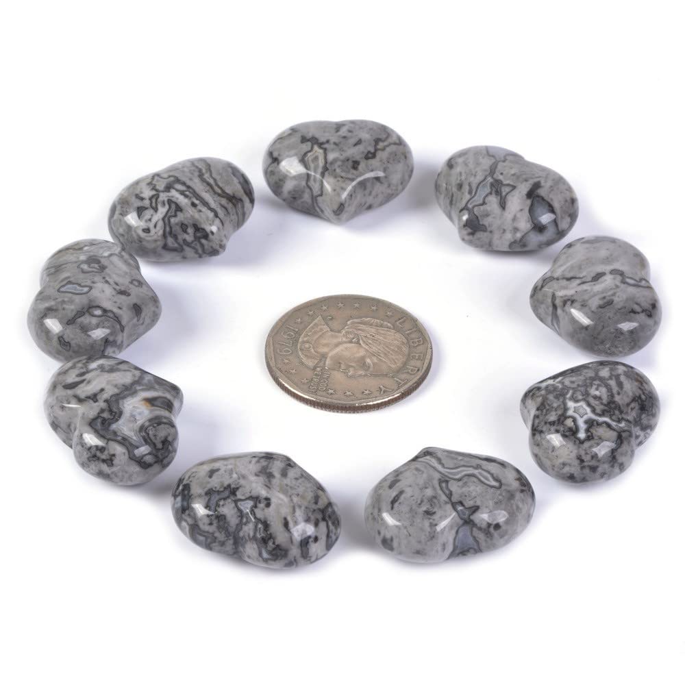 Natural Black Lace Jasper Gemstone Healing Crystal 1 inch Mini Puffy Heart Pocket Stone Iron Gift Box (Pack of 10)