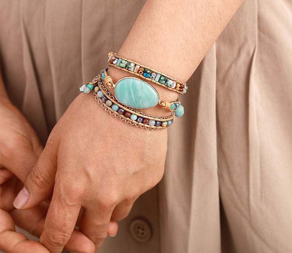ZOSOJONA Women Wrap Bracelet Boho Natural Jasper Crystal Stone Beads Strand Bracelets (Amazonite)