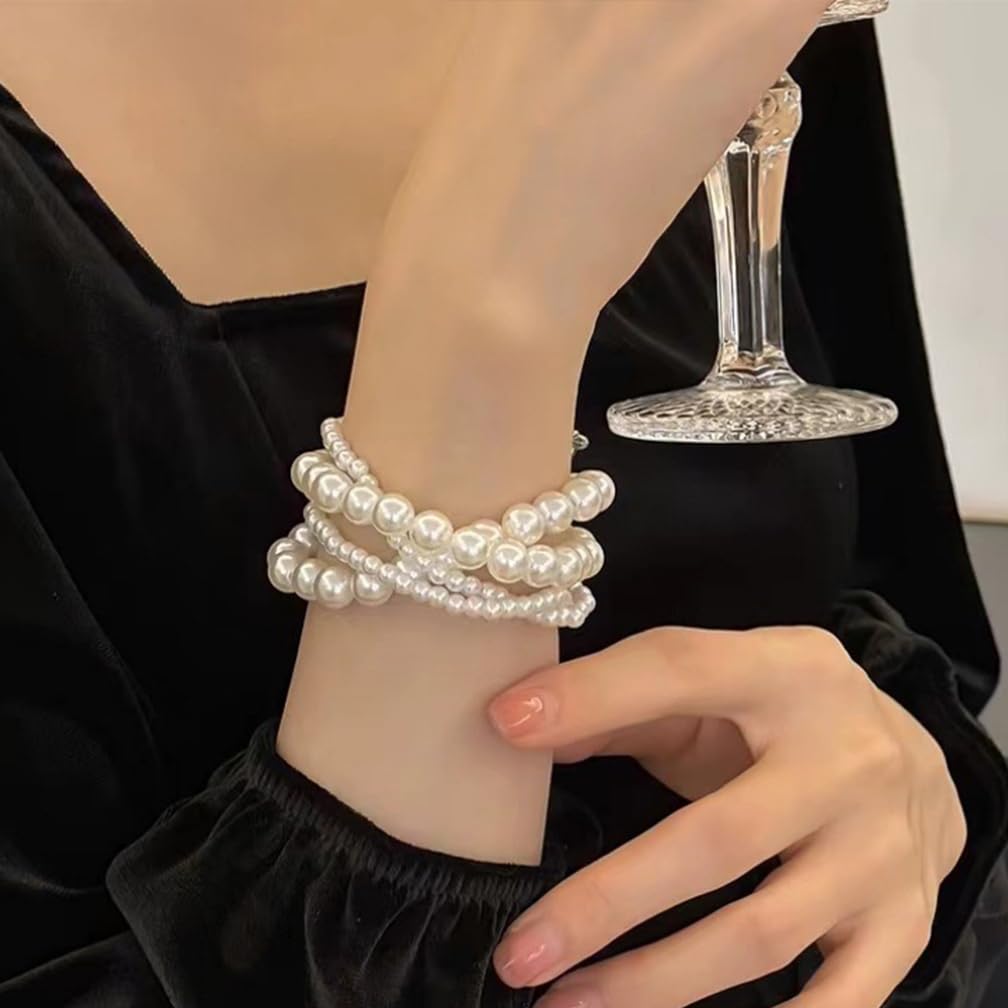 Cute Layered White Pearl Bracelets Sets for Women Fashion Freshwater Pearls Layering Statement Bracelet Stack Strand Beaded Bangles Dainty Aesthetic Jewelry (Pearl-1)