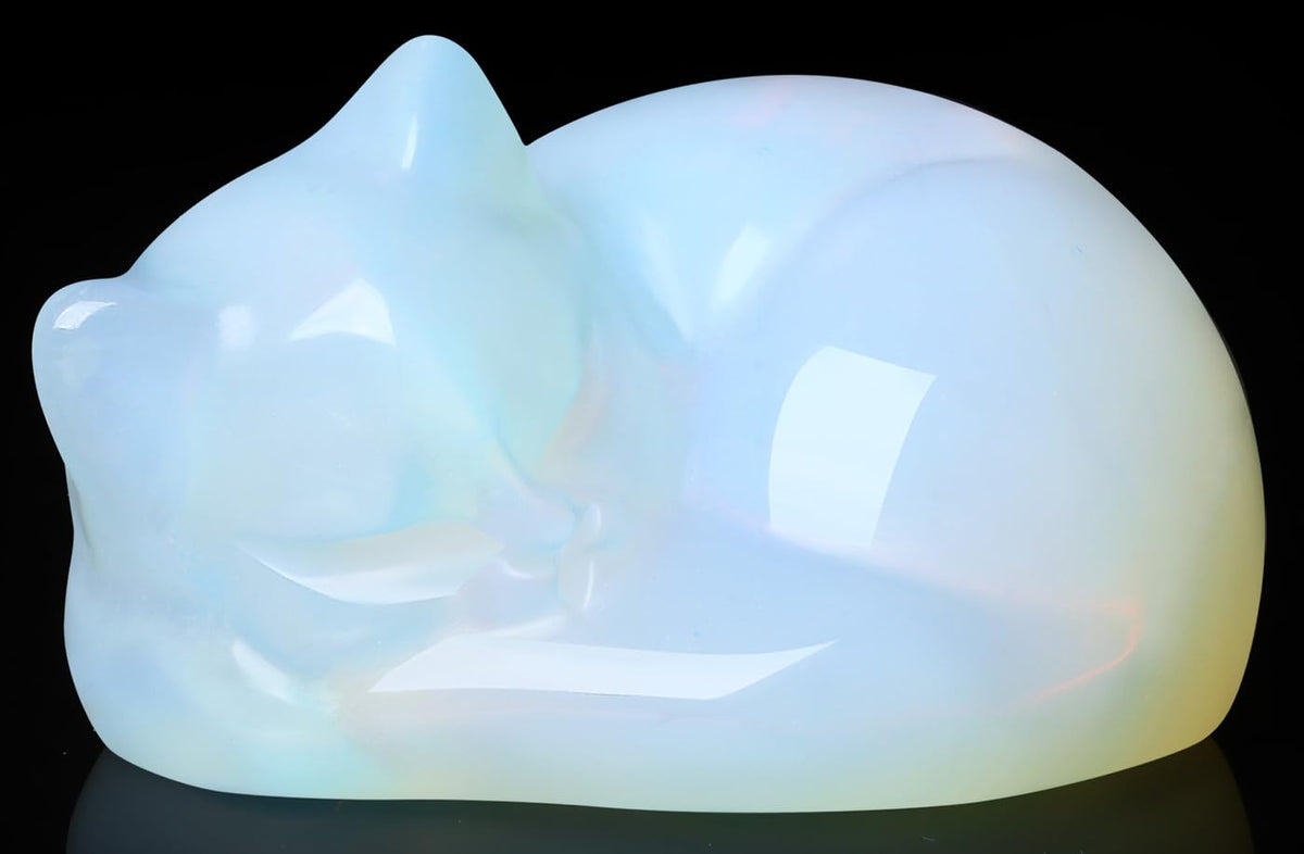 QINJIEJIE Opalite Cat Crystals Decor Sleeping Cat Statue Healing Carved Stone Decor Polished White Opalite Gemstones Figurine Office Room Home Desk Lucky Cute Decor Opal Gifts for Women Men Cats Lover