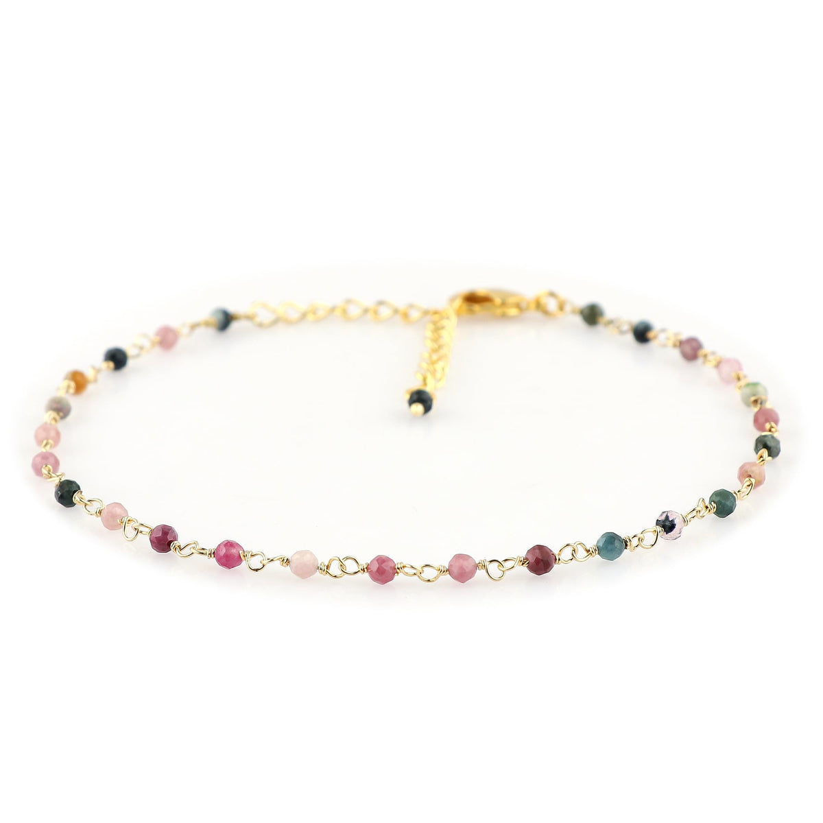 JOR Natural Multi Tourmaline Beaded Rosary Anklet, Handmade Craft, Anklet Beads Bracelet, Chakra Healing Anklet, Gemstone Women Jewelry, Dainty Gold Plated Anklet 9 inch + 1.5 inch (1pcs)