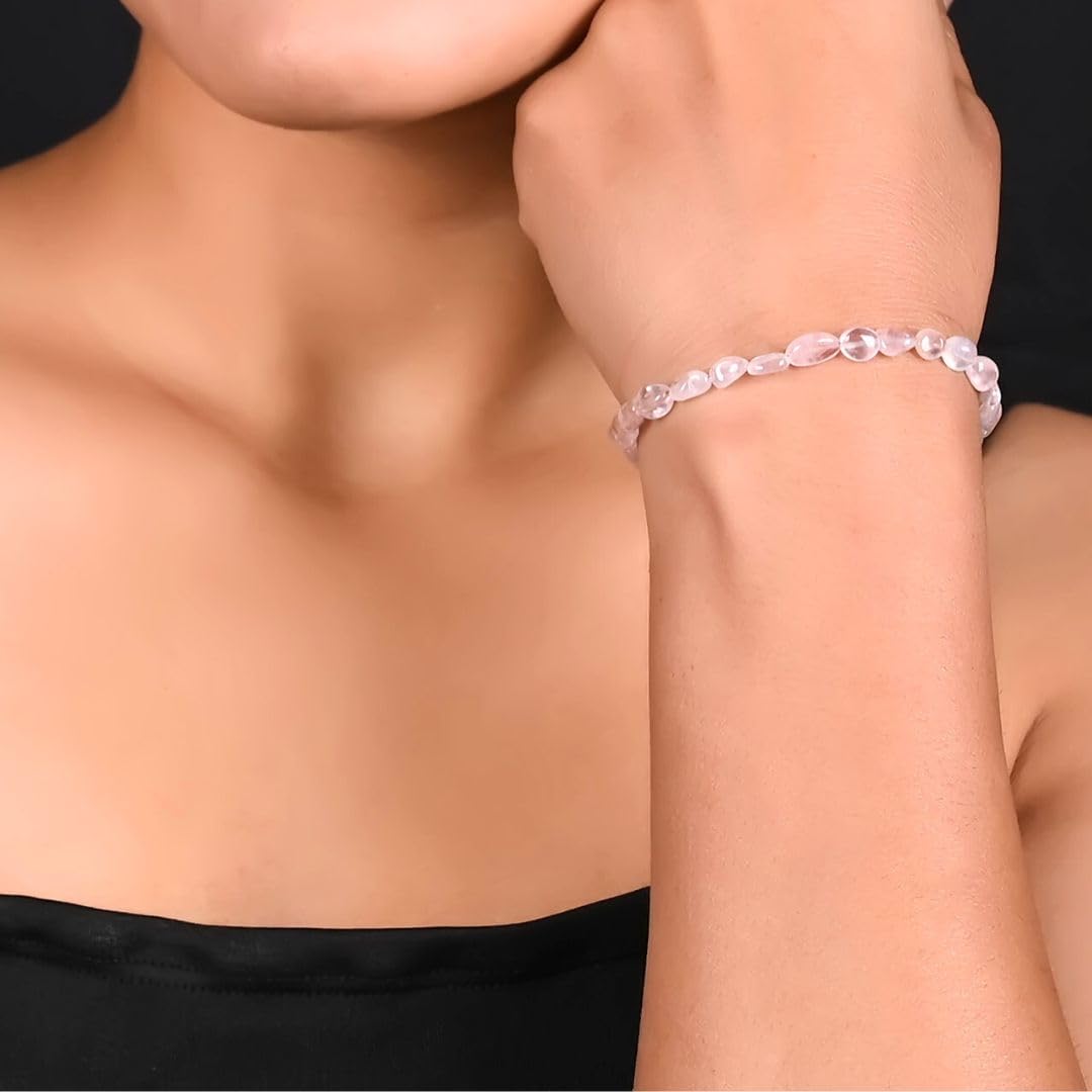 Gempires Pink Rose Quartz Beaded Bracelet Lightweight Handmade Gemstone Jewelry Hypoallergenic 8 Inch Gold Plated Trendy Western Jewerly For Women