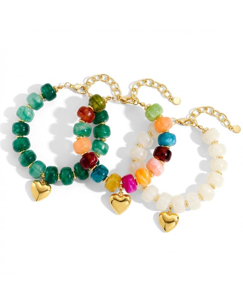 FAUTHENTICUTE Boho Green Beaded Bracelets for Women Chunky Bead Strand With A Small Gold Heart Charm Trendy Stacking Bracelet Gift Perfect Summer Beach Jewelry Gift