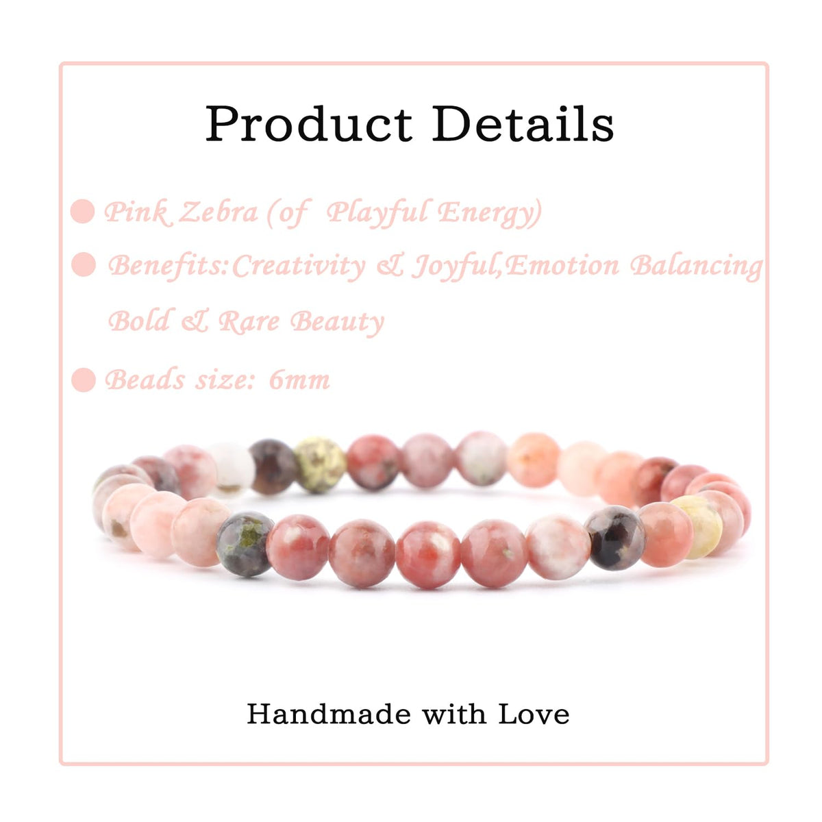 Bymitel 6mm Pink Zebra - Handmade Reiki Gemstone Stretch Bracelet, Natural Beauty & Spiritual Essence, Crystal Healing for Unisex Adults