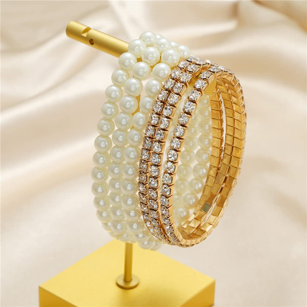 COLORFUL BLING Women Multilayer Temperament Imitated Pearl Stackable Strand Bracelets Beaded Seed Heart Rhinestone Crystal Stretch Bracelet Wedding Wrist Jewelry-zircon