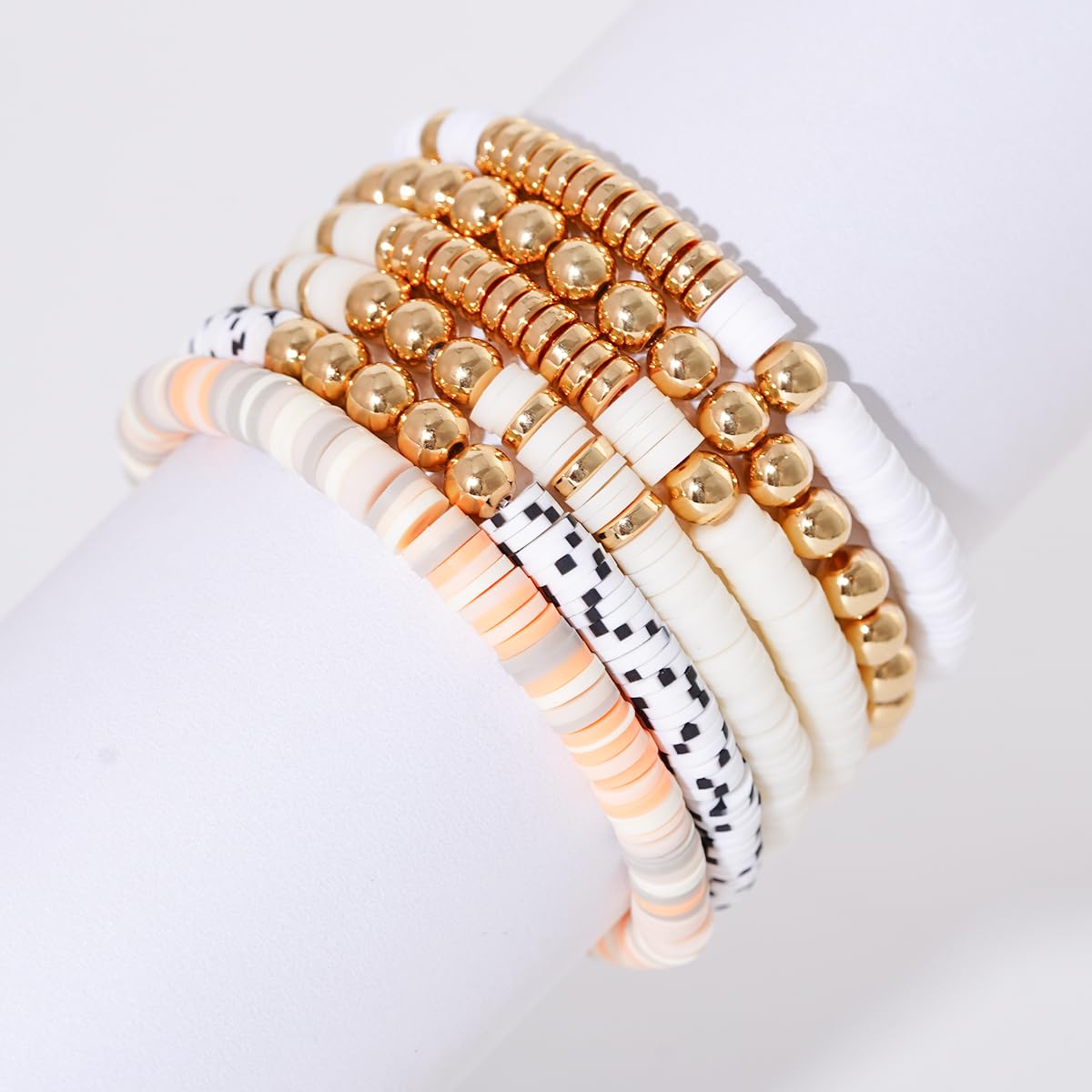 GOOJIDS Surfer Heishi Clay Bead Bracelets for Women Bohemian Stackable Gold Plated Beaded Stretch Bracelets Elastic Layering Friendship Bracelets Set Boho Jewelry (T-MixWhite Set)