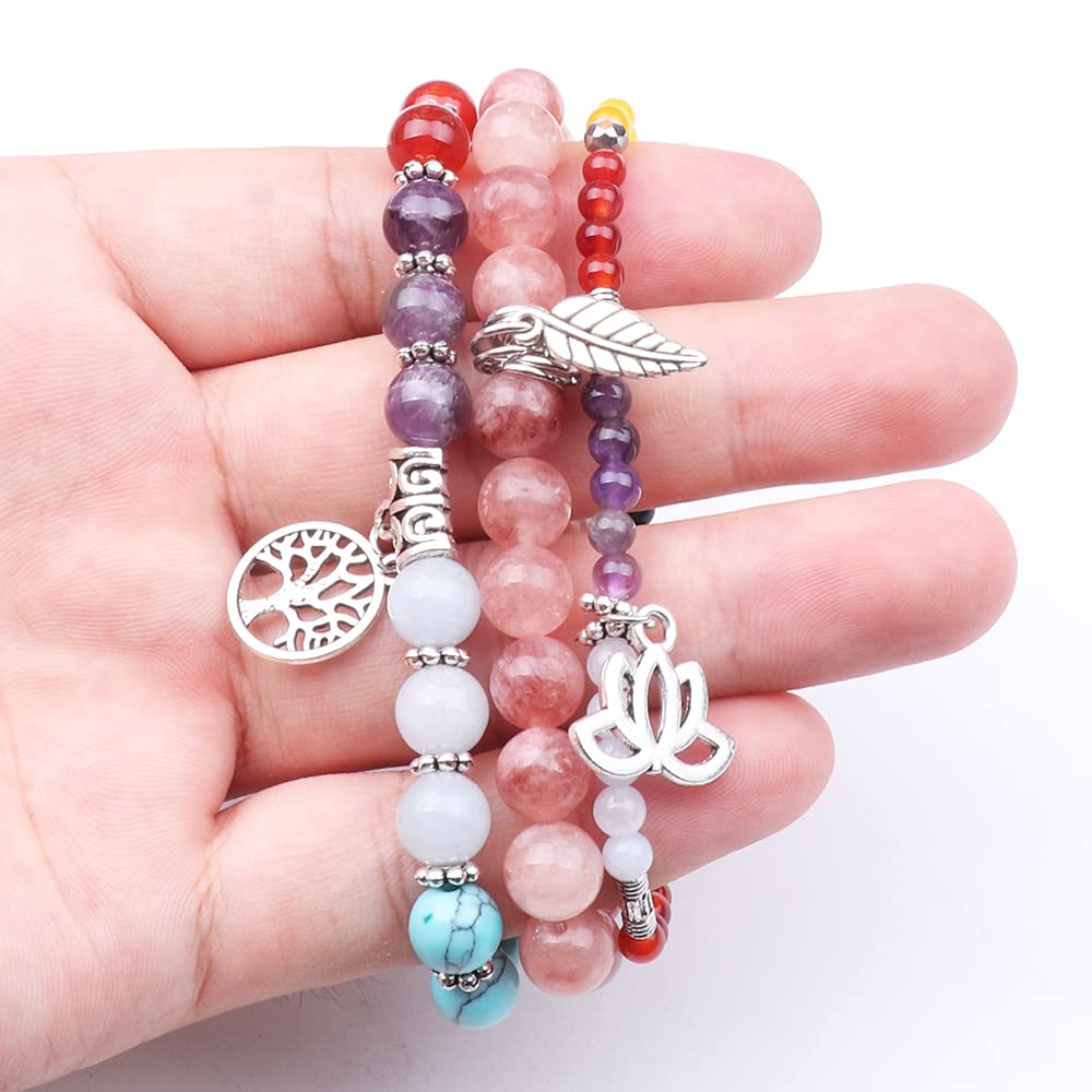 UEUC Natural Gemstone Chakra Bracelets for Women, Multilayer Tree of Life Lotus Crystal Healing Stone Bracelet Sets, Yoga Meditation Reiki Relax Bracelets for Stress Relief(#123)