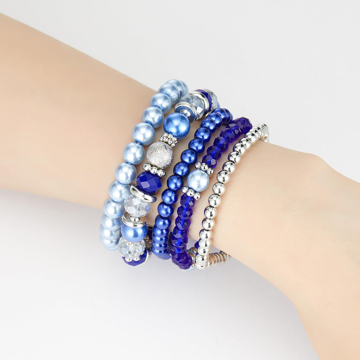 Noessla Beaded Pearl Stretch Bracelet Silver Stackable Crystal Beads Bracelets Trendy Costume Jewelry Mothers Day Gifts for Women(Sapphire)