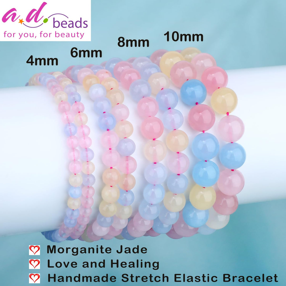 AD Beads 6mm Handmade Morganite Jade Elastic Bracelet – Natural Gemstone for Joy & Positivity – Meditation, Yoga, Healing and Energy Gift for Men Women