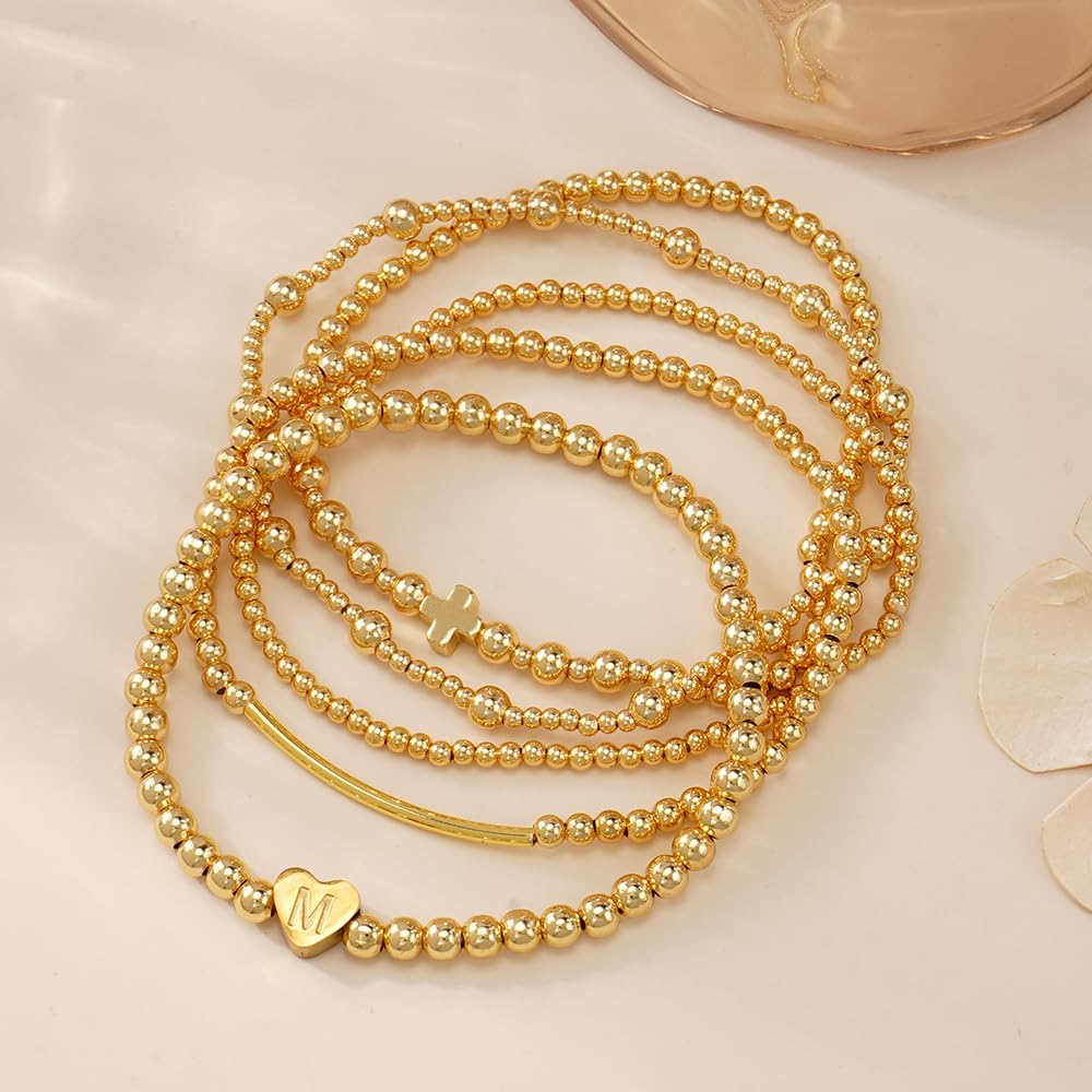 14K Gold Cross Beaded Initial Bracelet Stack for Women,Dainty Stretch Gold Plated Letter “M” Stackable Bracelets Bohemian Layered Prom Party Accessories Jewelry Gift Friendship
