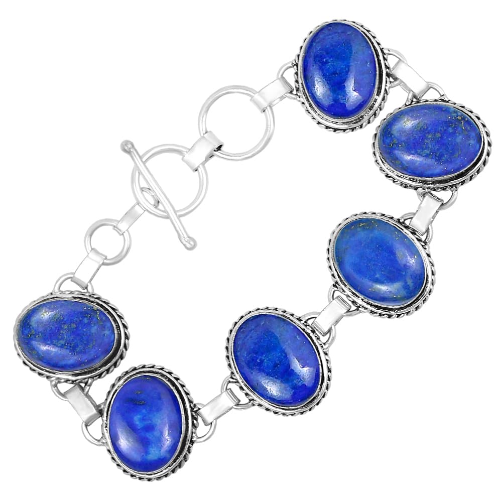 Natural Lapis Lazuli Silver Plated Handmade Link Bracelet for Women - September Birthstone Oval Gemstone Adjustable Bracelet Vintage Style Bohemian Jewelry - Mother's Day Gifts for Her