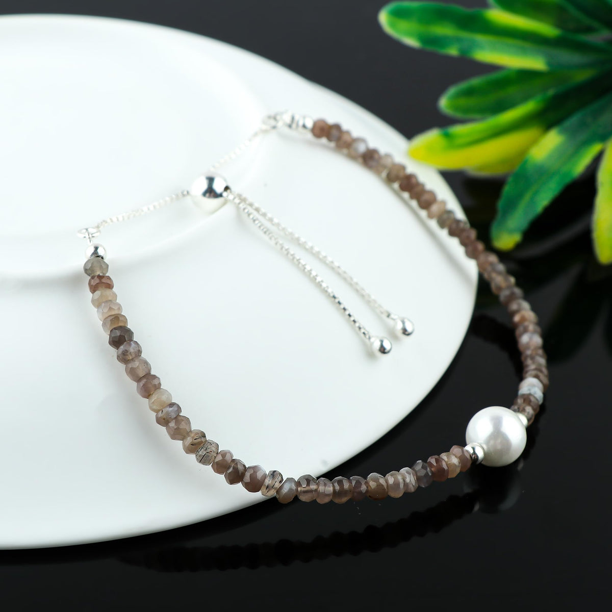 CRYSTALINES Natural Grey Moonstone Gemstones Beads Bolo Bracelets with Pearl, Handmade, Beaded Bracelet, Real Crystals Jewelry, Women Bracelet, Silver Plated Adjustable Chain 6+4inch, A Grade