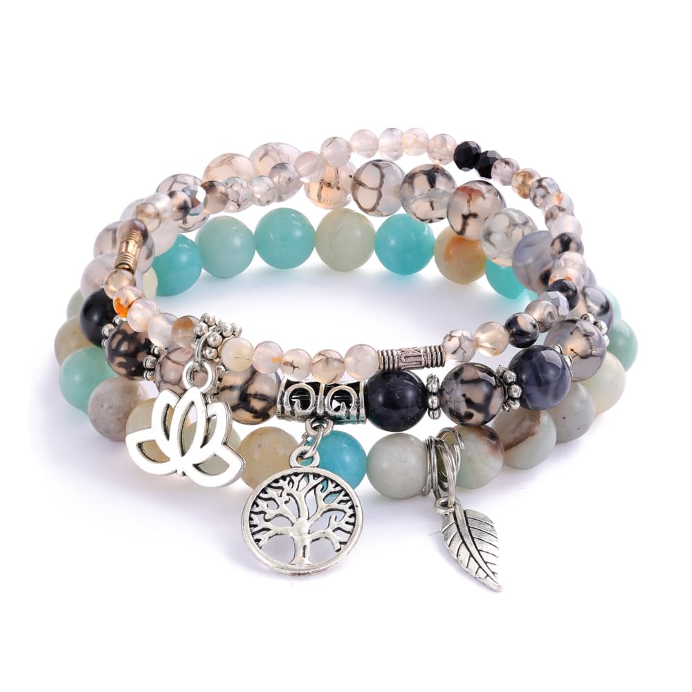UEUC Tree of Life Yoga Healing Stone Bracelets,Multilayer Lotus Chakra Stone Reiki Bracelet Sets,Anxiety Crystal Natural Stone,for Women Stress Relief(#151)