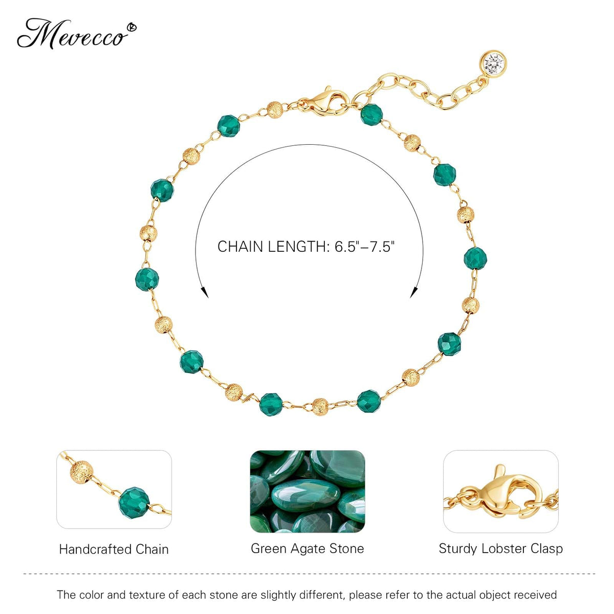 MEVECCO Gold Bracelet for Women 18K Gold Plated Green Agate Stone Custom Handmade Mixed Beads Charm Chain Bracelet Stack Jewelry Gifts