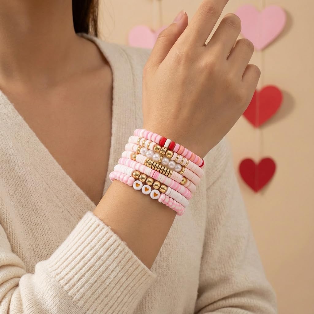 YEOSMINE Boho Heishi Clay Beaded Stretch Bracelets Stack For Women, Preppy Teens Friendship Gold Bracelets Cute Beach Surfer Accessories Bulk Set Trendy Fashion Jewelry