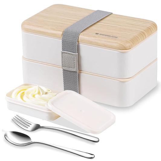 Binoster Original Bento Box Lunch Box Japanese Style 2 Layer Food Containers with Utensils Spoon and Fork Bundle Divider Salad Box for Men Women(White)