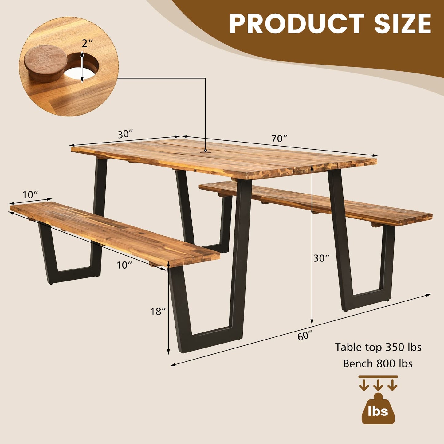 HOMGX Picnic Table, 6 Ft Dining Table with 2 Umbrella Hole, Table Bench Set with Heavy-Duty Metal Frame, Acacia Wood Picnic Table for Outdoor, 6-8 Person, Patio, Lawn, Party, Garden, Natural & Black