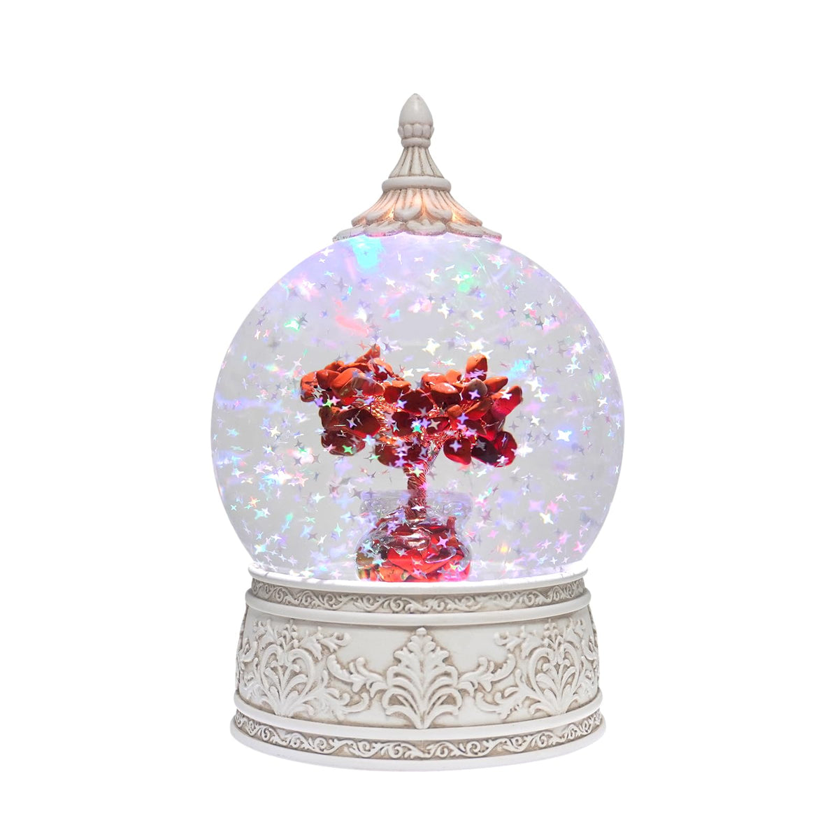 Red Jasper Healing Crystal Tree Globe with Colorful Lights Sparkling Glitter, Natural Gemstone Base, Spiritual Meditation, Positive Energy Good Luck, Home Decor, Birthday Gifts (Red Jasper)