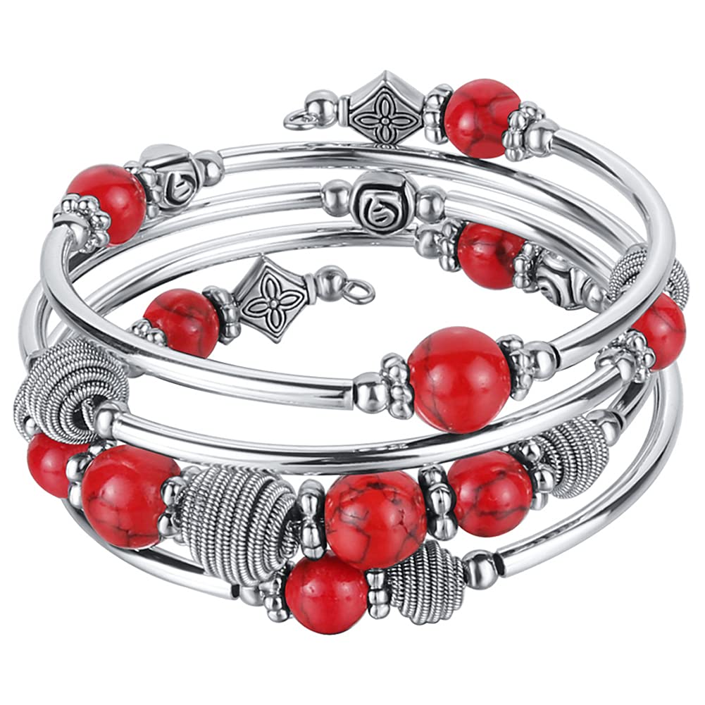 PEARL&CLUB Beaded Chakra Bangle Turquoise Bracelet - Fashion Jewelry Wrap Bracelet with Thick Silver Metal and Mala Beads, Birthday Gifts For Women(Red)