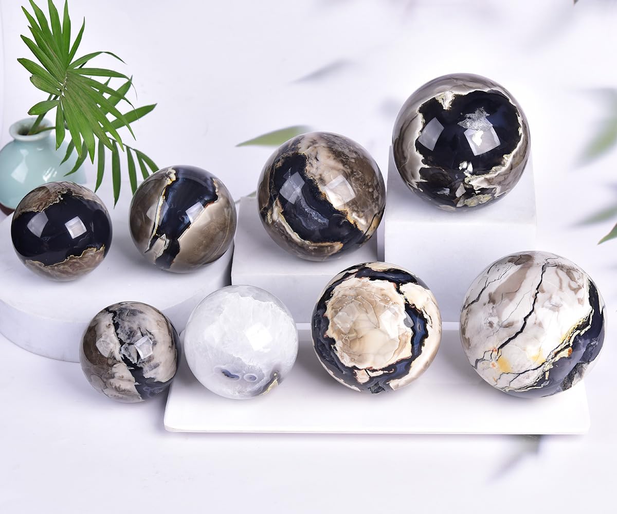JIC Gem Volcanic Agate Crystal Sphere Large Quartz Crystal Ball with Stand Healing Ornament Witchcraft Meditation Decor 3.5-4 inch(90-100mm)