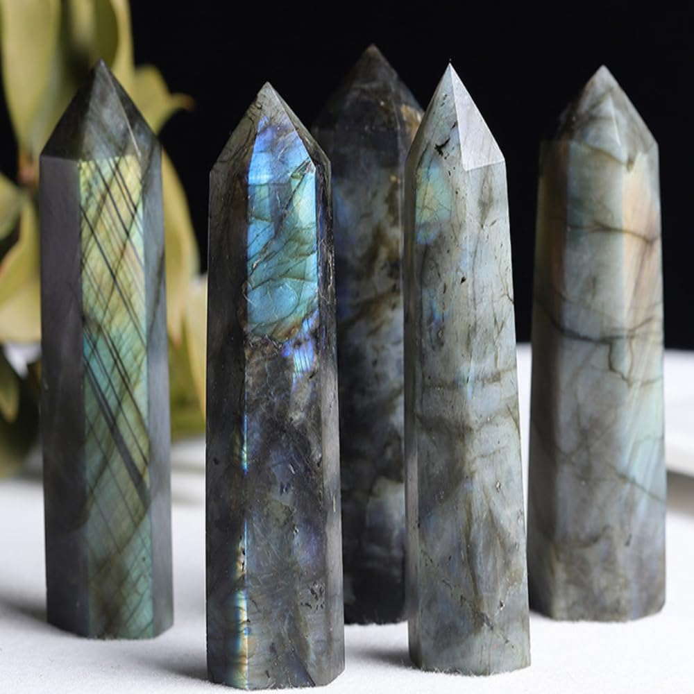 Natural Labradorite Crystal Point - 5.8-6.2 inch Labradorite Wand with Iridescent Rainbow Flash Stone for Energy Protection, Spiritual Awakening & Decoration - (Labradorite /5.8-6.2 inch 2pcs)