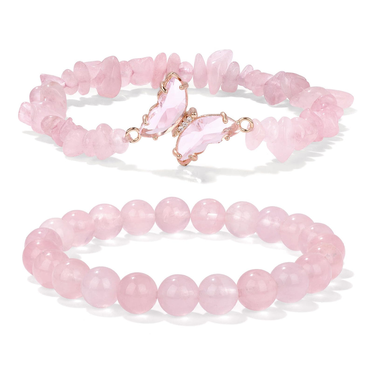 GolbalJew Rose Quartz Bracelet for Women Healing Crystal Stone Bracelets Pink Gemstone Beads Stretch Bracelet Butterfly Charms Jewelry Women Gift