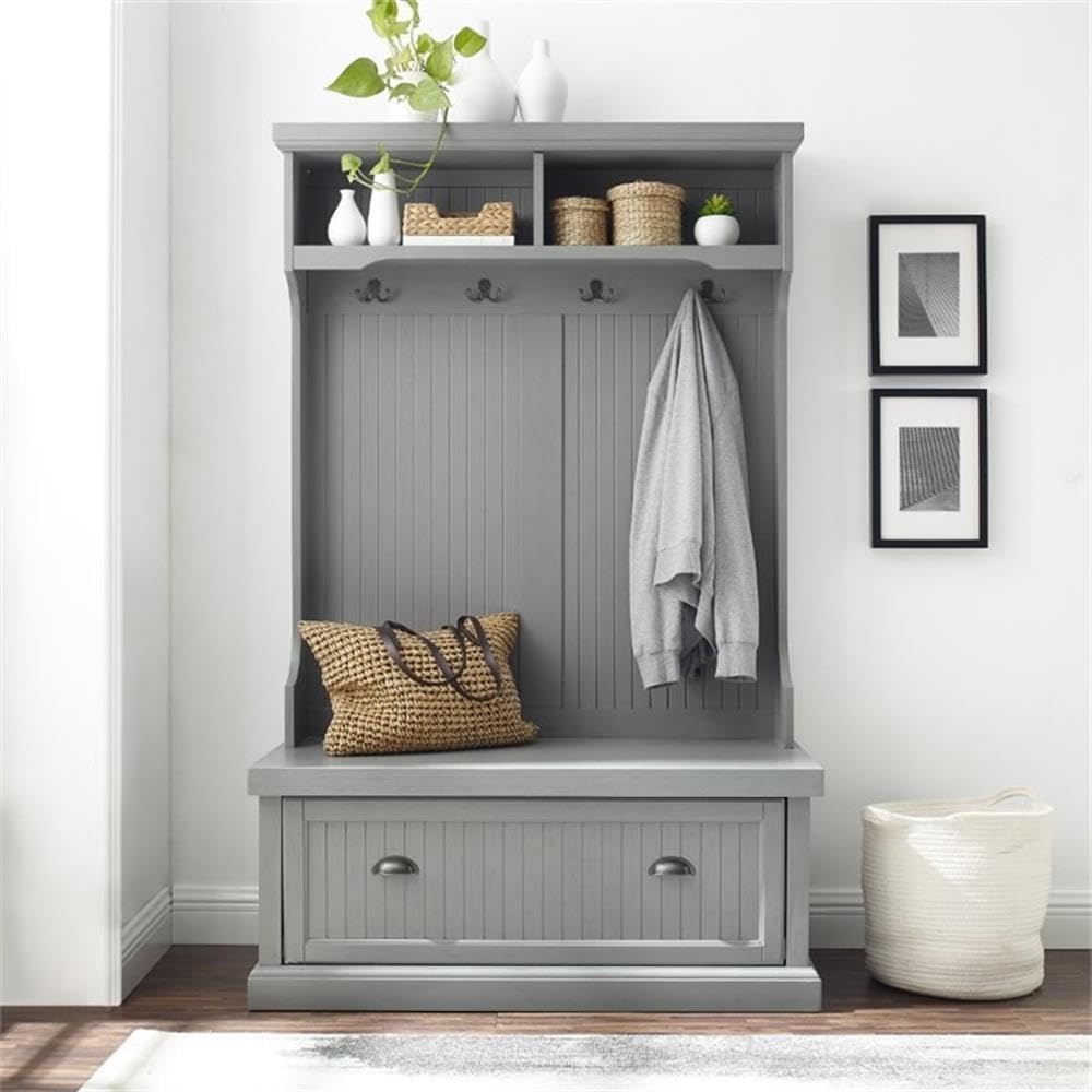 BOWERY HILL Coastal Wood Hall Tree, Distressed Navy Finish, 64.5" H x 40" W x 18.5" D, Solid Poplar Wood and Particle Board, Bench Seat, 4-Hook Coat Rack, Storage Shelves, Entryway Furniture