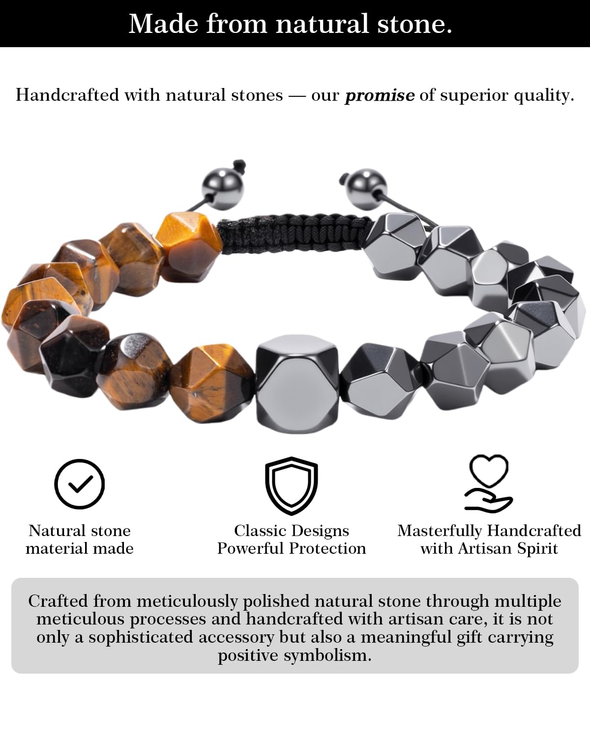 Beaded Bracelet for Men, 10mm Natural Stones Bracelet for Men's Gift, Adjustable Precision-Cut Gemstone Crystal Healing Bracelet, Protection Jewelry Gift with Hematite, Tiger Eye (Tiger Eye & Hematite)