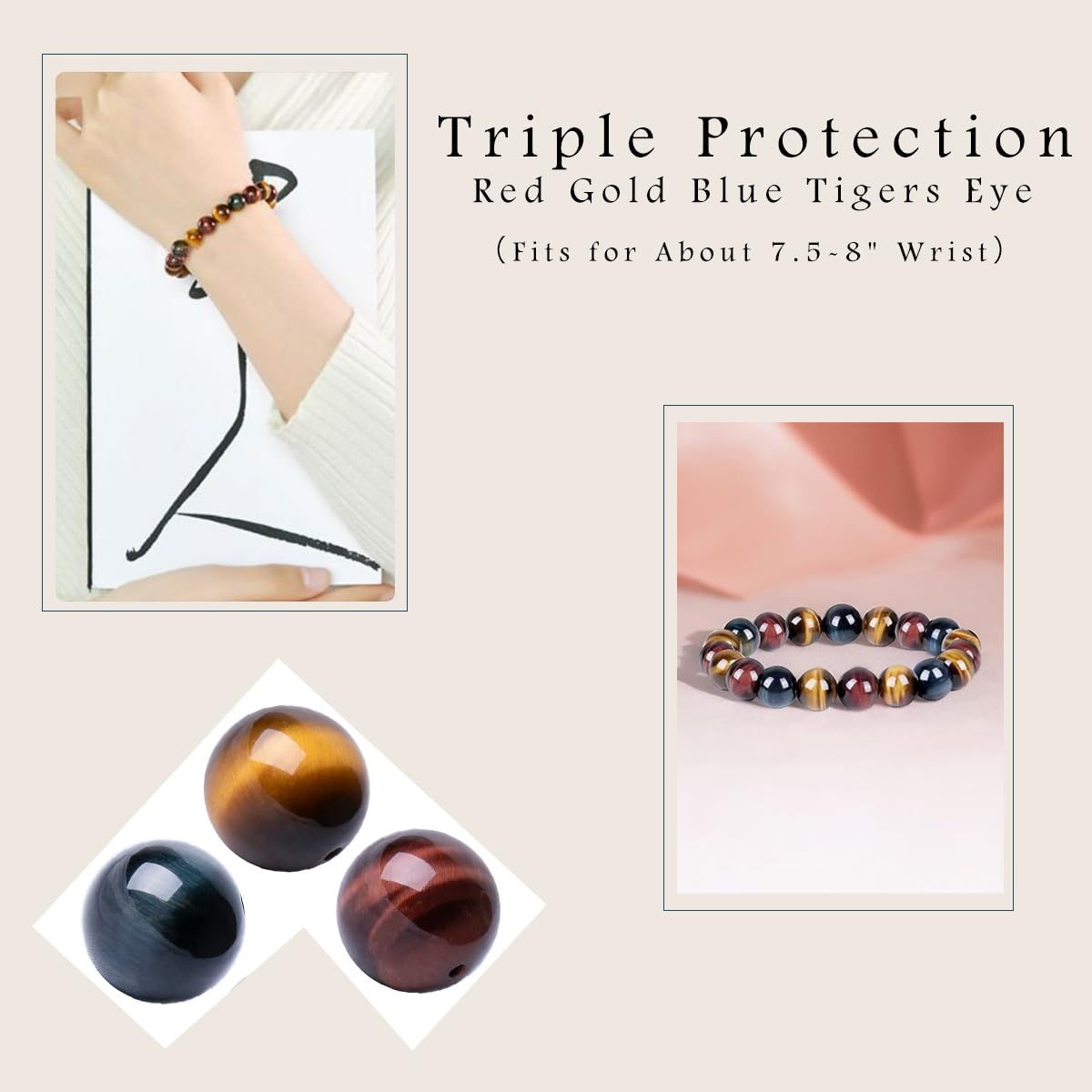 OwizJade 12MM Tiger Eye Bracelet for Women Men Beads | Mixed Red Gold Blue - Fits for About 8" Wrist | Triple Protection Tigers Eye Chakra Gemstones | Anxiety & Stress Relief | Absorb Negative Energy