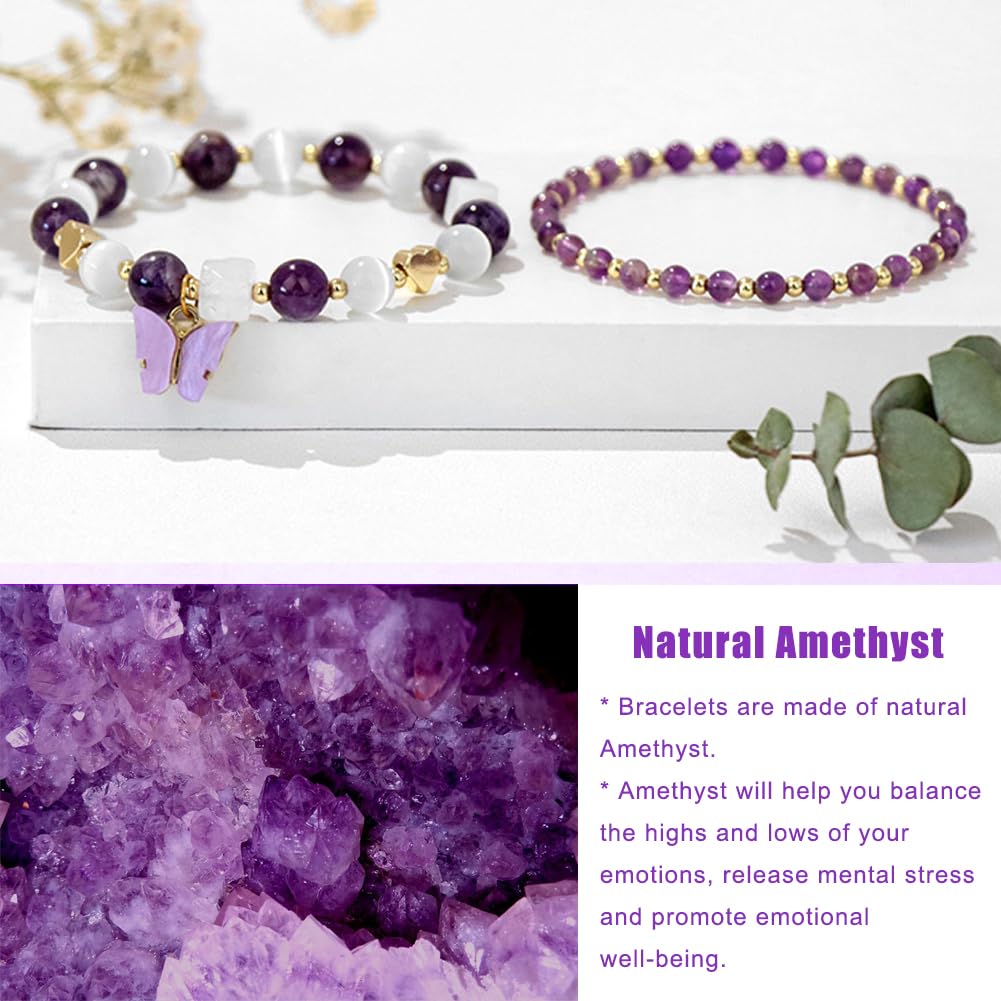GolbalJew Natural Amethyst Bracelet For Women Purple Butterfly Charm Healing Crystal Beads Bracelets Layered Jewelry Stone Beaded Bracelet Gifts For Women