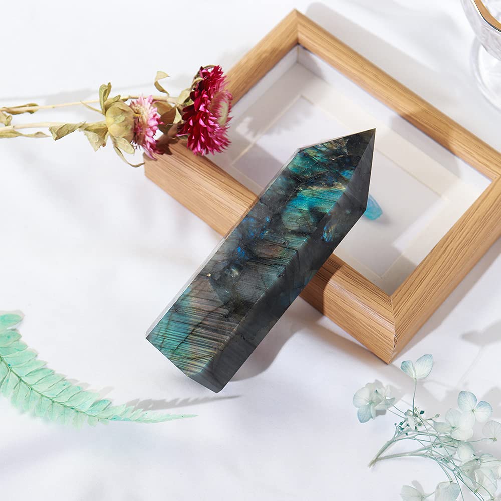 Runyangshi Large Labradorite Healing Crystal Wand 4.72"-5.12" Crystal Tower 6 Faceted Single Point Crystal Prism Wand Natural Quartz Stones for Meditation Reiki Chakra Therapy Home Decor Gift