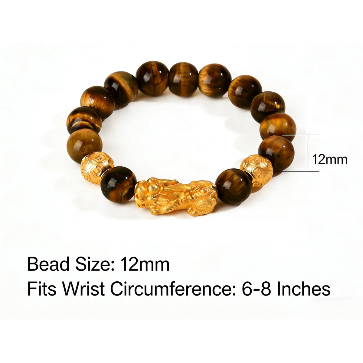FYXOTI 12mm Tigers Eye Beaded Bracelets for Women Men,Pixiu Feng Shui Good Luck Protection Bracelet Elastic Stretch Wealth Jewelry for Wrist 6-8 Inches