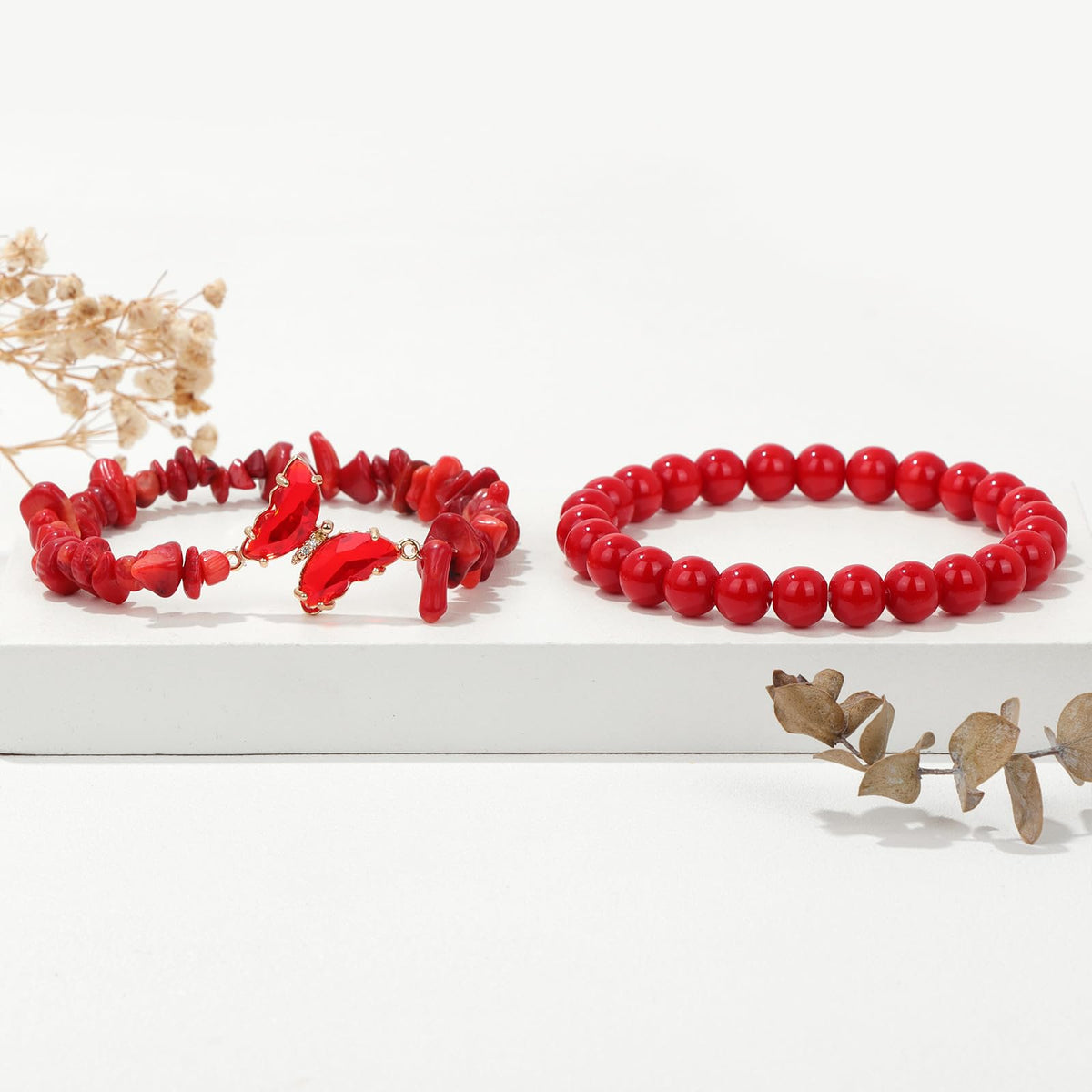 GolbalJew Red Coral Stone Bracelet for Women Healing Crystal Beaded Bracelets Red Gemstone Beads Stretch Bracelet Butterfly Charms Jewelry Women Gift