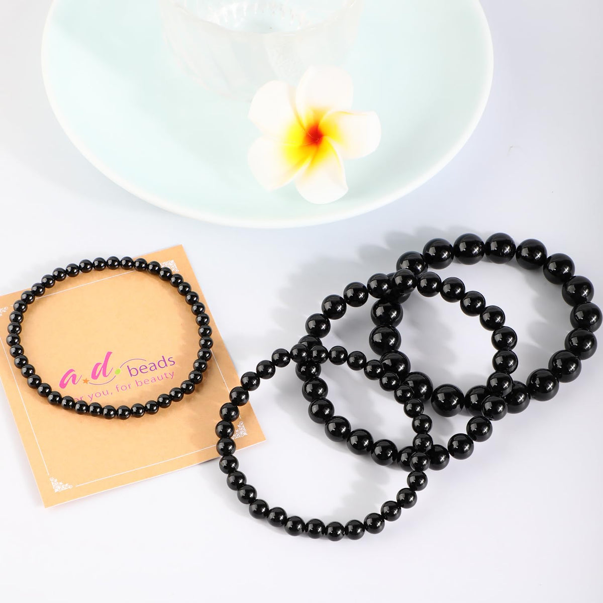 AD Beads 6mm Handmade Black Tourmaline Elastic Bracelet – Natural Gemstone for Safety Protection – Meditation, Yoga, Healing and Energy Gift for Men Women