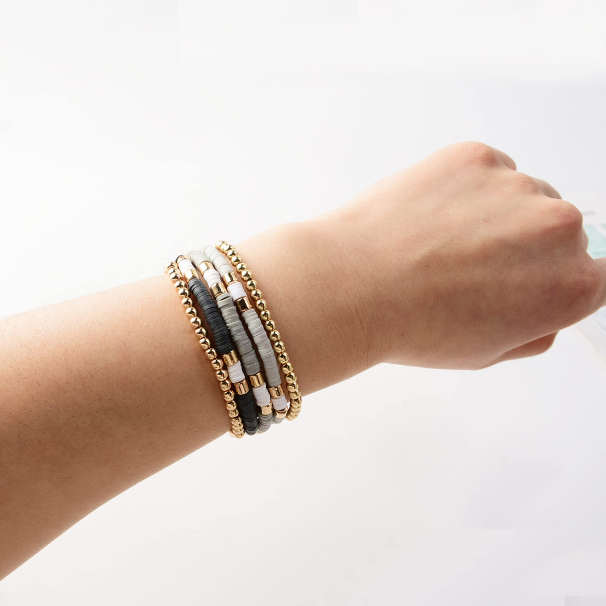 GOOJIDS Surfer Heishi Clay Bead Bracelets for Women Bohemian Stackable Gold Plated Beaded Stretch Bracelets Elastic Layering Friendship Bracelets Set Boho Jewelry