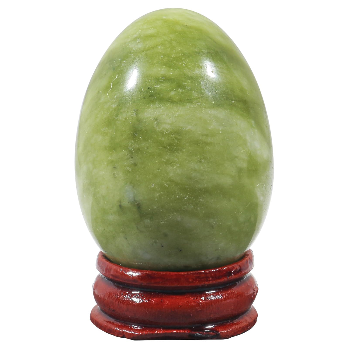 Fekuar Stone Egg Figurine, Polished Healing Crystal Easter Eggs Sphere Sculpture with Wood Stand, Green Jade, 1.8"
