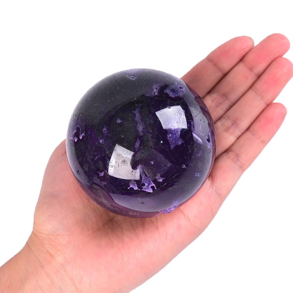 JIC Gem 2.7-3.1 inch(70-80mm) Large Purple Moss Agate Crystal Sphere Quartz Crystal Ball with Stand Healing Ornament Witchcraft Meditation Decor