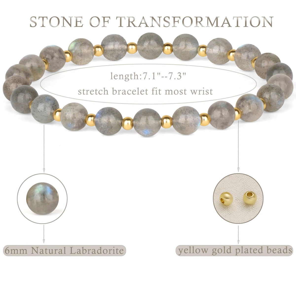 QOGIR Labradorite - Stone of Transformation - 14K Gold Plated Beads Natural Gemstone Stretch Elastic Dainty Healing Beaded Bracelets Gifts 6mm
