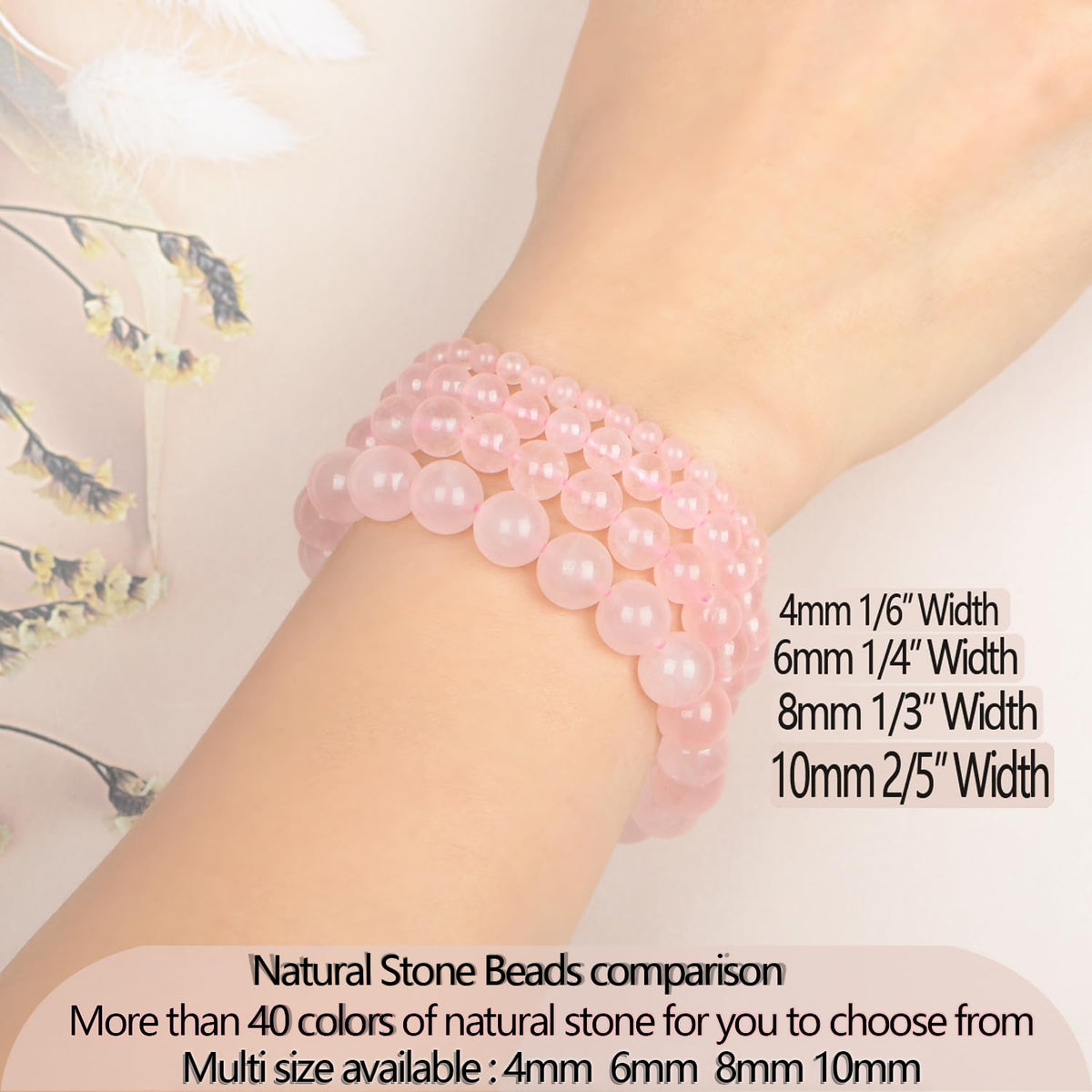 LPBeads Handmade Natural Gemstone Stretch Elastic 4mm Rose Quartz Bracelet Healing Crystal Round Stone Beads Jewelry Gifts for Women Men