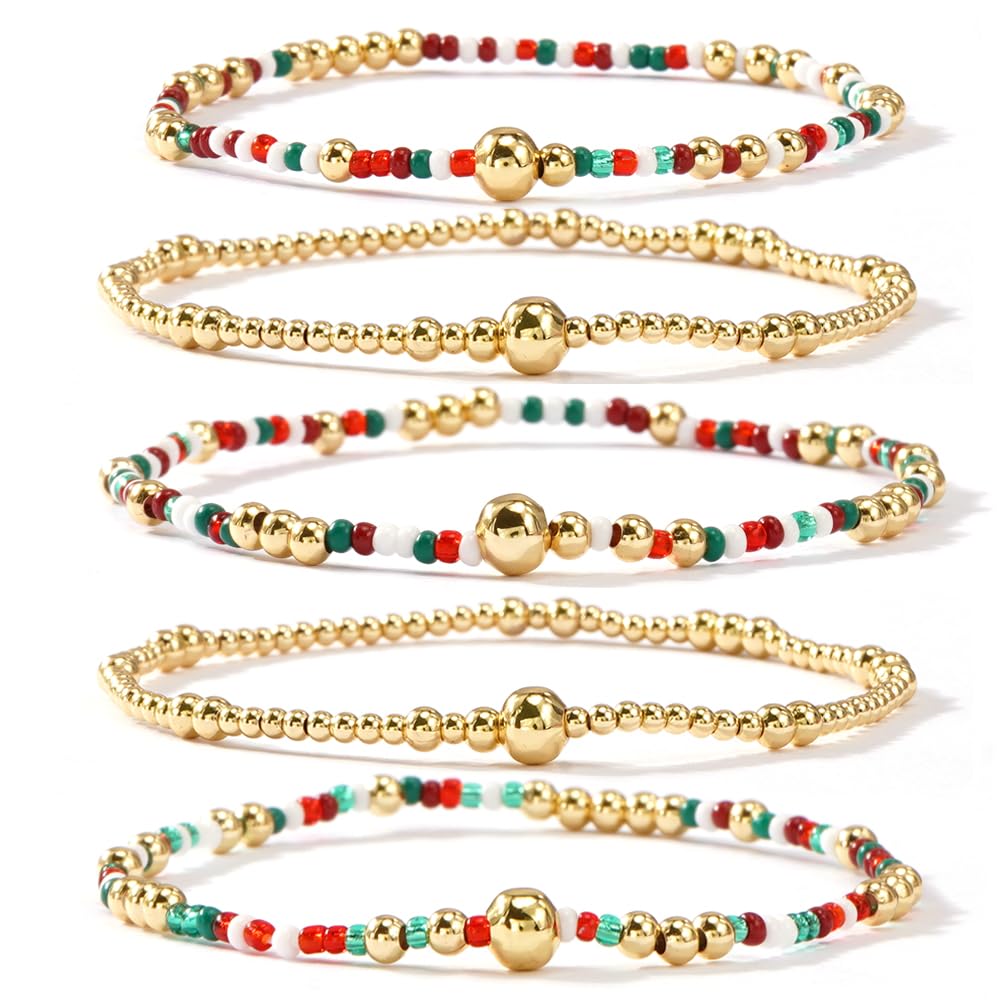 SHINUS BOHO Christmas Gold Beaded Bracelet Stack for Women,Bohemian Red Green White Beads Stackable Bracelets Set Fashion Holiday Party Jewelry Gift Friendship