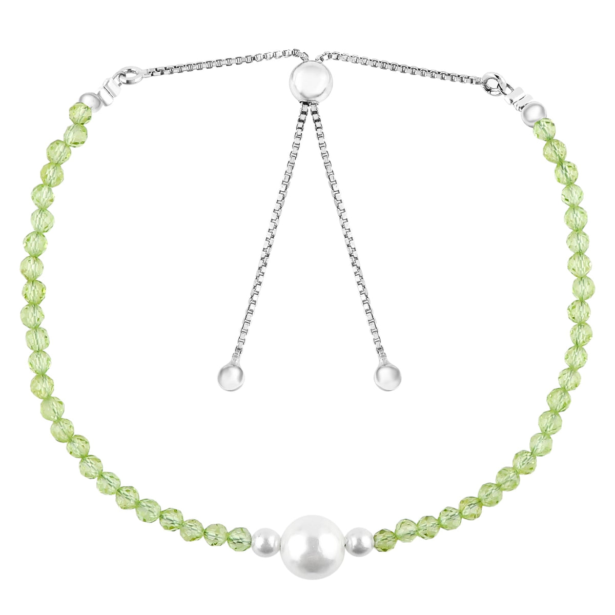 CRYSTALINES Natural Peridot Gemstone Bolo Bracelet, Cultured Pearl Beads Stones, Handmade Hypoallergenic Boho Jewelry for Women, Healing Crystals, Silver Plated 6+4inch, August Birthday Gift