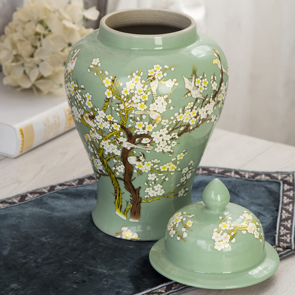EliteBloom Green Ceramic Ginger Jar With Lid For Home Decor,Traditional Chinese Trees And Flowers Temple Jar, Jingdezhen Handcrafted Porcelain Vase Centerpiece Decor M (Green L) (Green L)