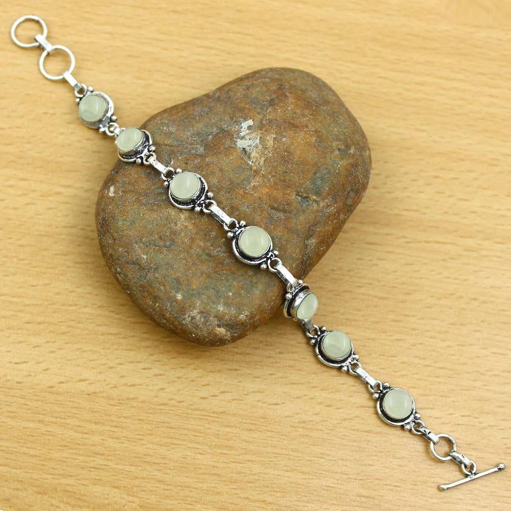 Natural Prehnite 925 Silver Plated Handmade Link Bracelet for Women - Round Gemstones Vintage Style Adjustable Bracelet Women Jewelry Gifts for Wedding Christmas Valentine's Day