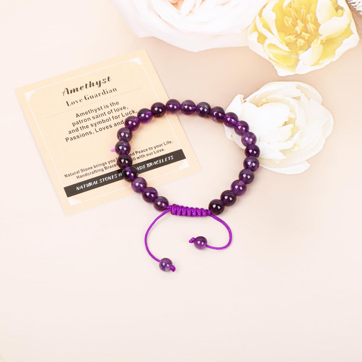 AD Beads 8mm Amethyst Bracelet - Stone of Love Guardian - Handmade Natural Stone Crystal Bracelet with Adjustable Macrame String - Yoga Healing Power Energy Gifts for Men and Women