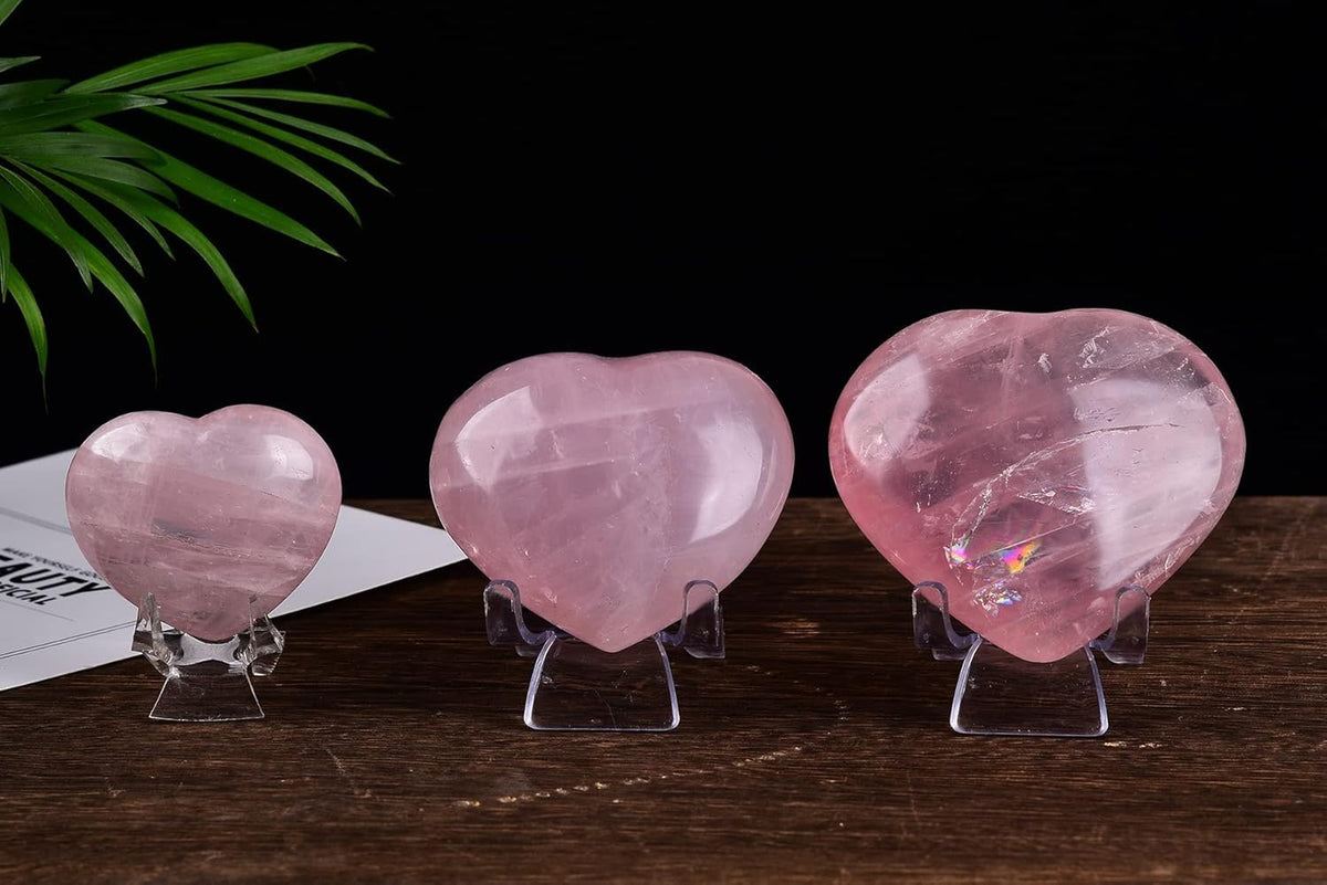 JIC Gem Heart Shaped Rose Quartz Crystal Healing Stone Large Pocket Palm Worry Stone with Display Stand Chakra Reiki Balancing 2.7"-2.9"