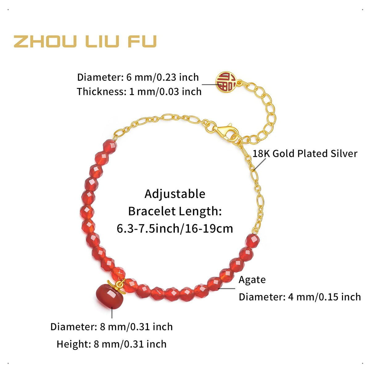 ZHOU LIU FU Sterling Silver Bracelet Red Agate Beaded Bracelet Fortune Bag Charm Bracelet Natural Gemstone Healing Jewelry for Women Mom Lover Birthday Aniversary